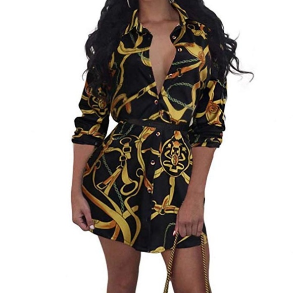 Floral Chain Button Down Collar Long Shirt Dress - Picture 2 of 3